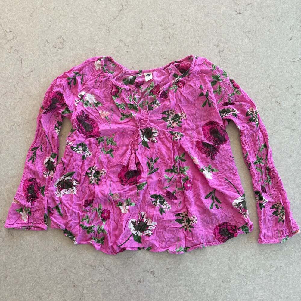 Old Navy Pink Floral Long Sleeve V-Neck Blouse Size L